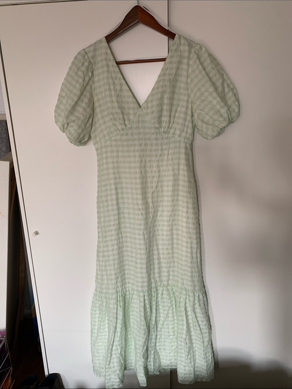 Warehouse Light Green Puff-Sleeve V-Neck Dress